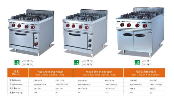 Commercial Cooking 4 Burner Gas Ranges Stoves Set With Oven 20.8Kw 2800PA
